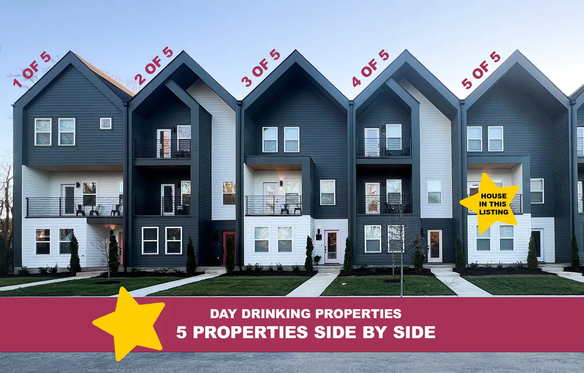 This exterior image features modern townhouses with colorful facades and multiple balconies, capturing a cheerful and lively mood. People can be seen enjoying outdoor gatherings and relaxing on the balconies, emphasizing the vibrant community atmosphere and private outdoor spaces.