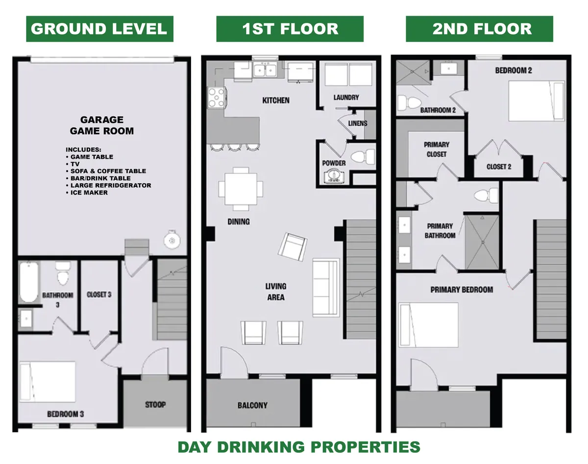 This wide-angle interior shot captures the open-plan living area—highlighting the garage game room, modern kitchen, living area with plush seating, dining area, and a glimpse of the balcony. The space is bright, inviting, and clearly designed for group activities, entertaining, and relaxation.