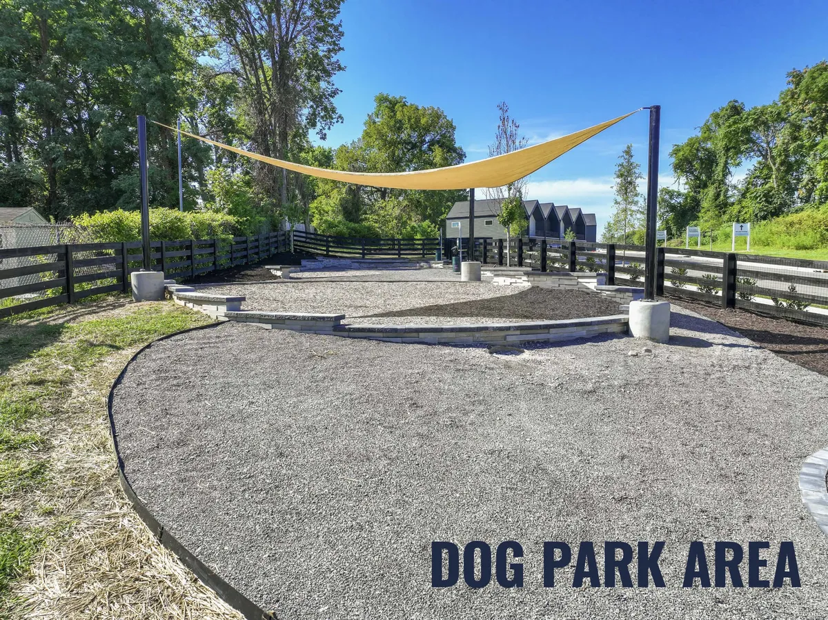 A fenced-in, shaded dog park with a sail canopy and people socializing as dogs play. The inviting, playful mood highlights the pet-friendly aspect and community gathering opportunities.