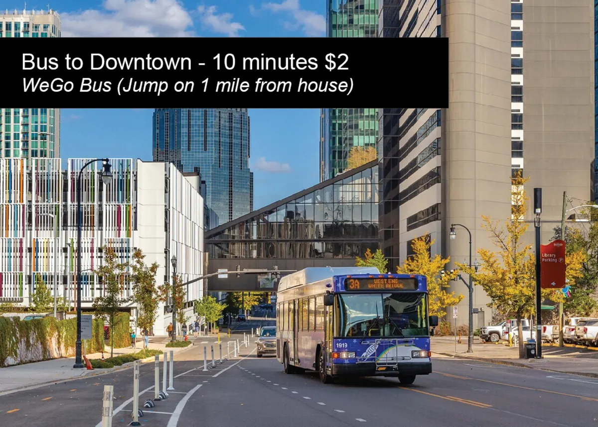 A dynamic street-level scene with a WeGo Bus, modern buildings, and lush greenery, illustrating practical, everyday access to public transportation and the city. The presence of the bus and cityscape underlines effortless commuting options and vibrant surroundings ideal for visiting professionals.
