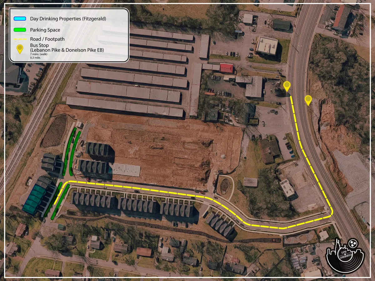 A practical exterior shot showing marked parking spaces, a bus stop for public transit, and surrounding buildings. The image is functional, highlighting the ease and convenience of parking and transportation options.