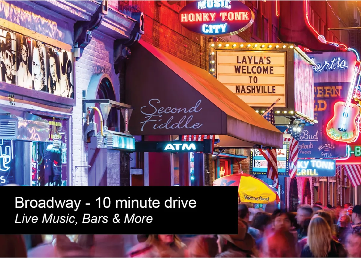 A vibrant street scene showcasing iconic neon signs of Nashville’s honky-tonks, including the Second Fiddle and Layla's, glowing against the night. The image captures the buzz of downtown nightlife, with people mingling and lights inviting guests to experience live music and local bars.