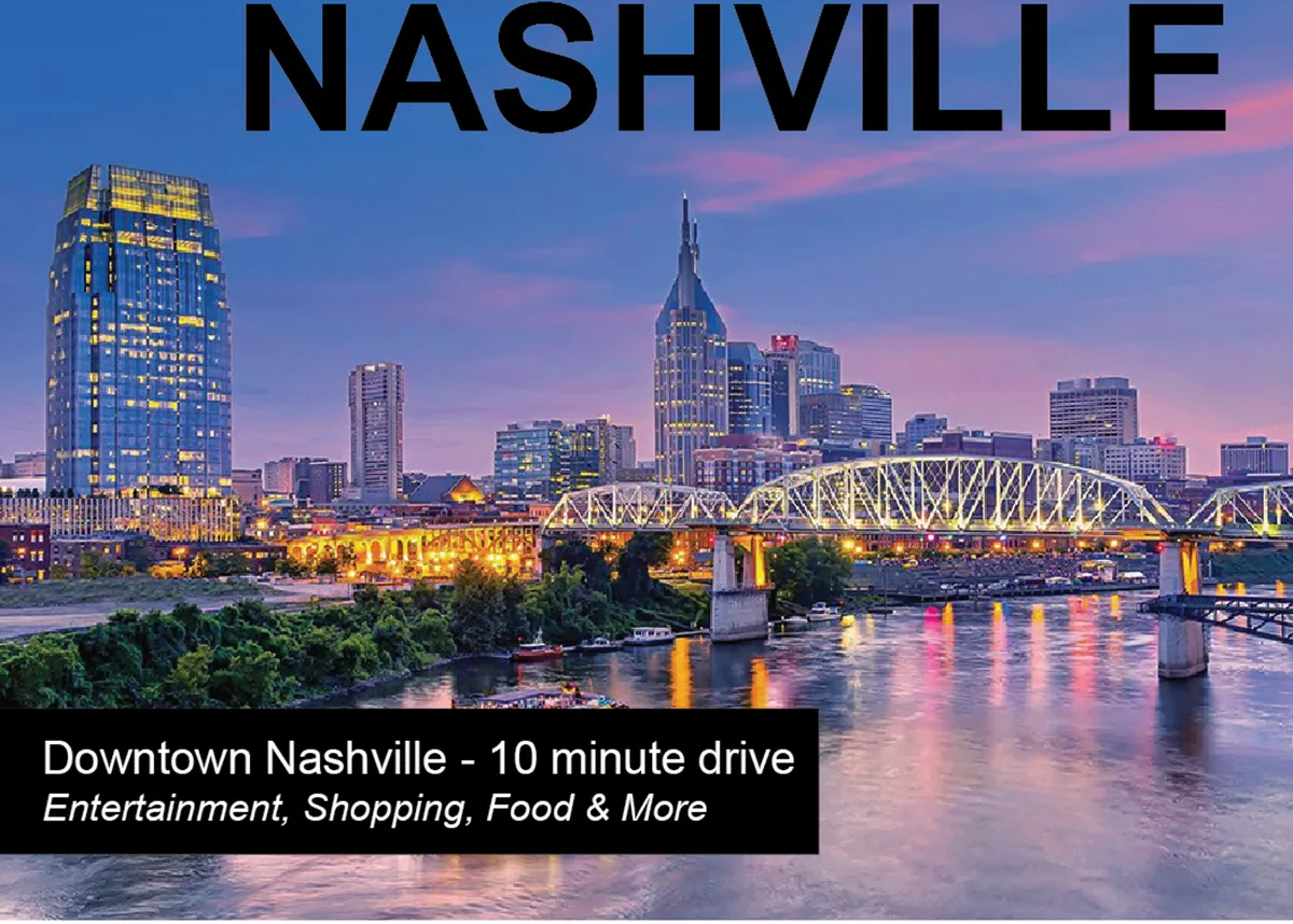 A dynamic view of the Nashville skyline with bridges crossing the river, under a glowing sky. The scene is full of energy, evoking the spirit of downtown adventures, live music, and cultural festivities.